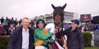 Micky Fenton celebrating with big handicap winner at Galway
